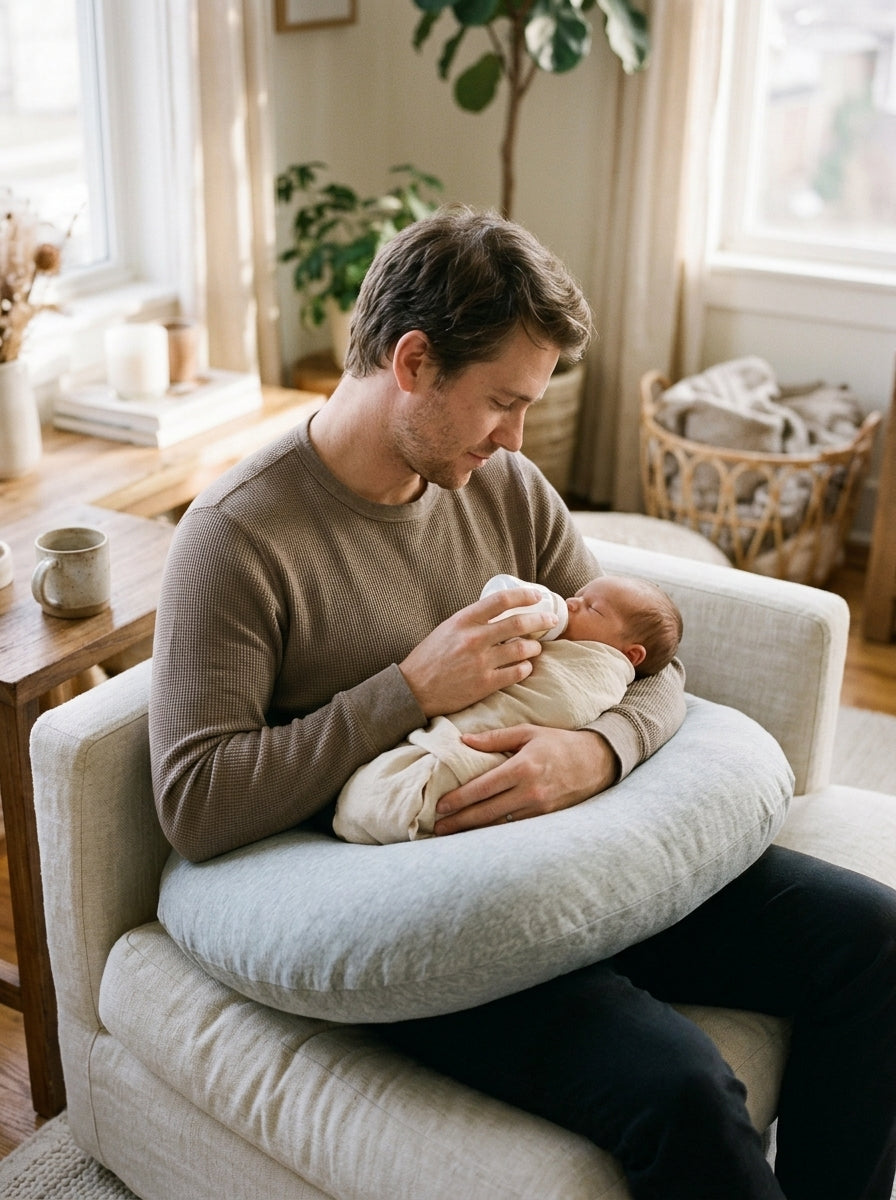papa qui donne le biberon, bébé posé sur le coussin refermé en anneau