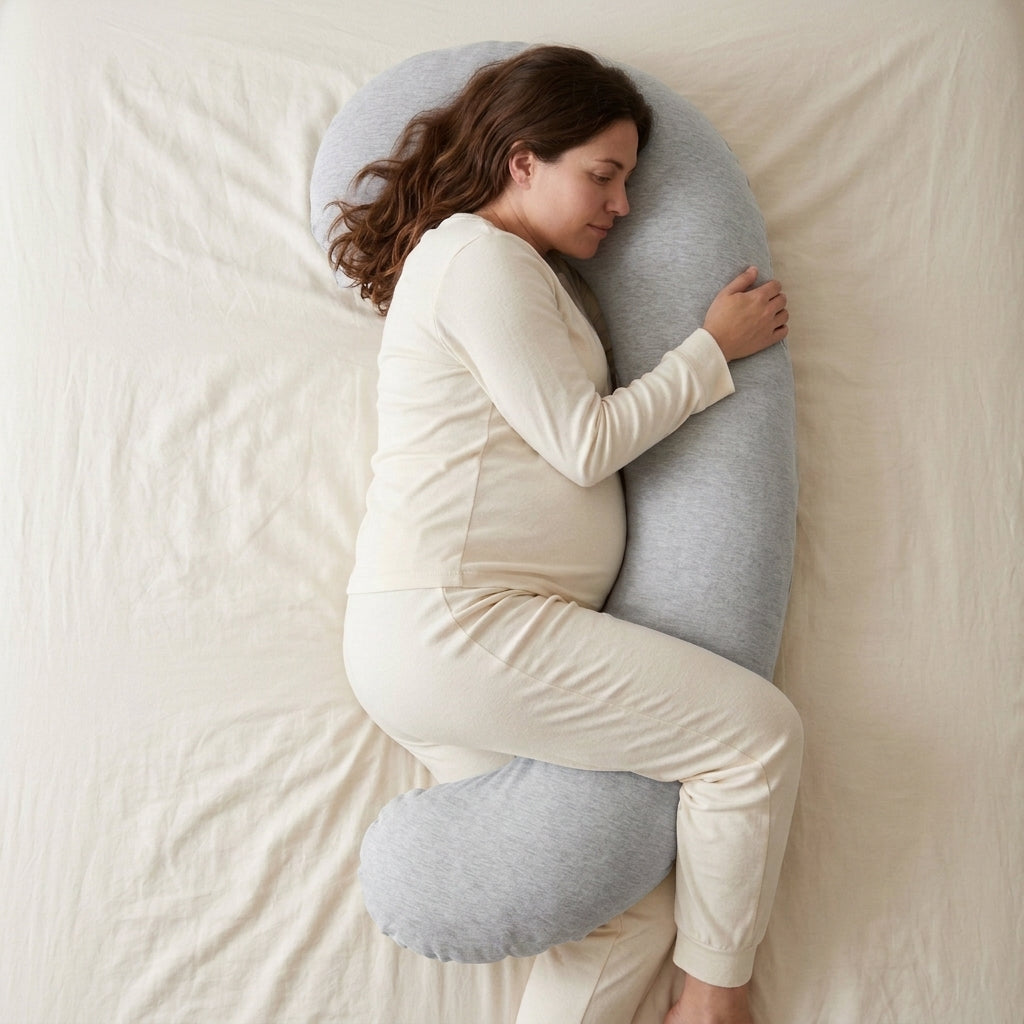 femme enceinte endormie sur le côté, enroulée dans le coussin
