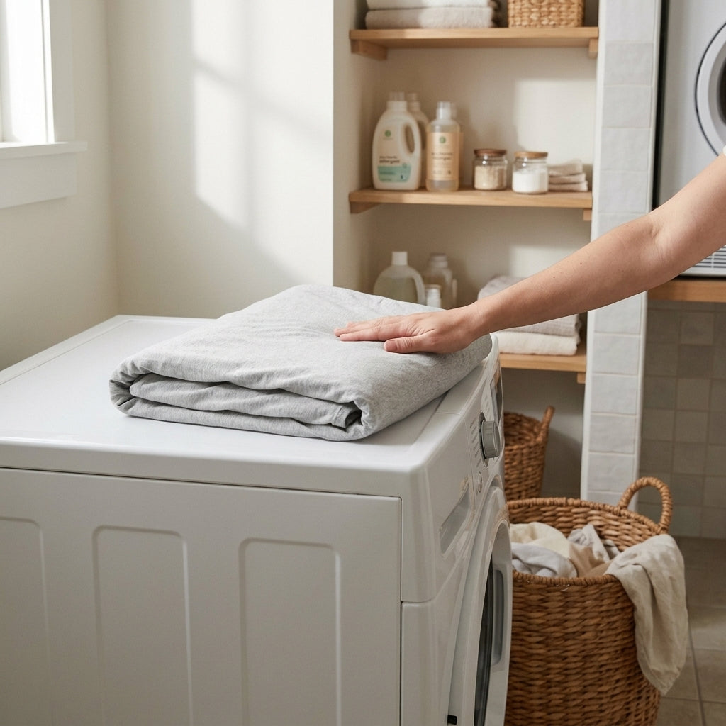 Housse lavable en machine, posée sur la machine à laver