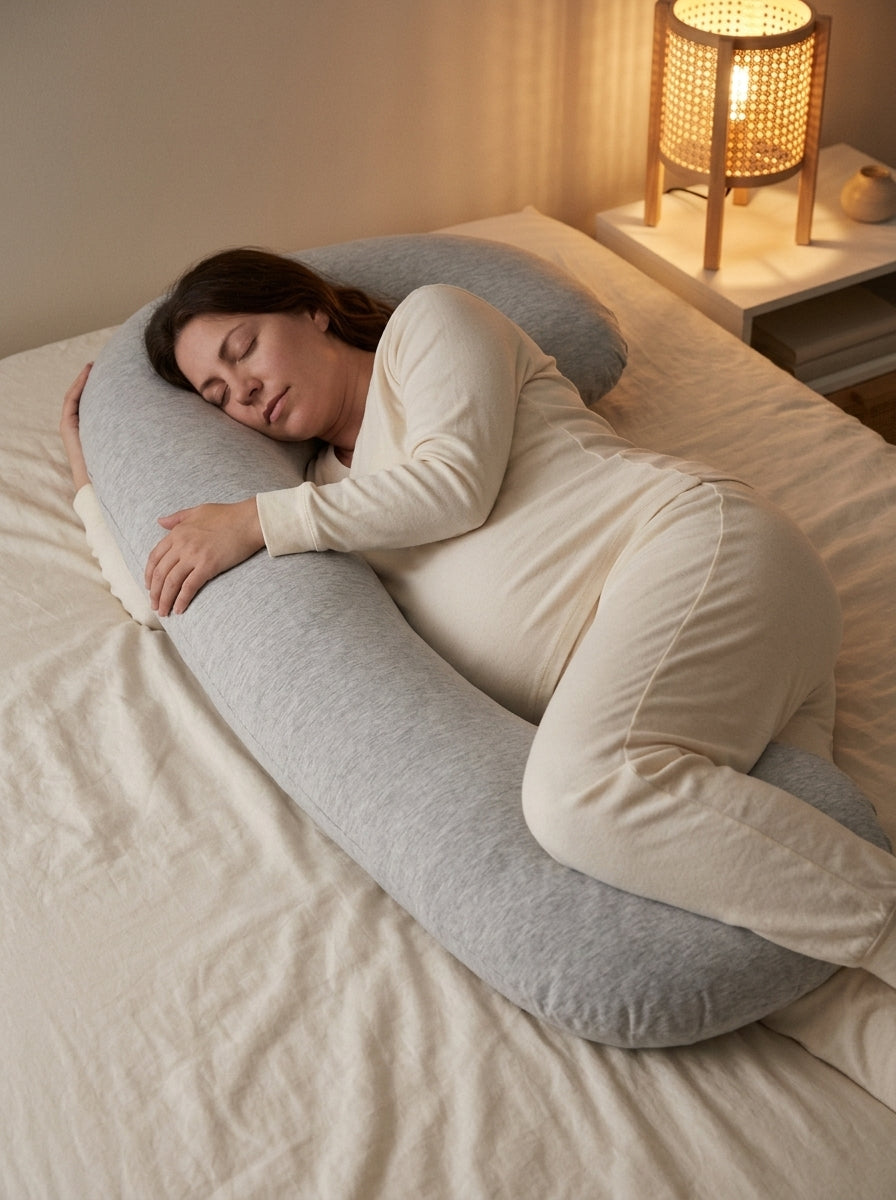 Femme enceinte qui dort la nuit avec le coussin, lampe de chevet allumée