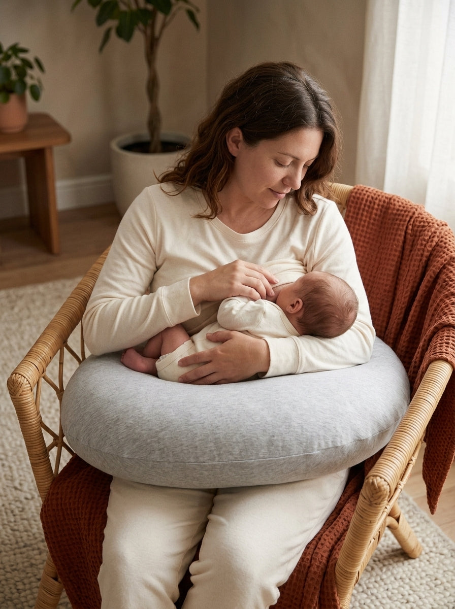 Jeune maman qui allaite avec le coussin refermé en anneau autour de la taille