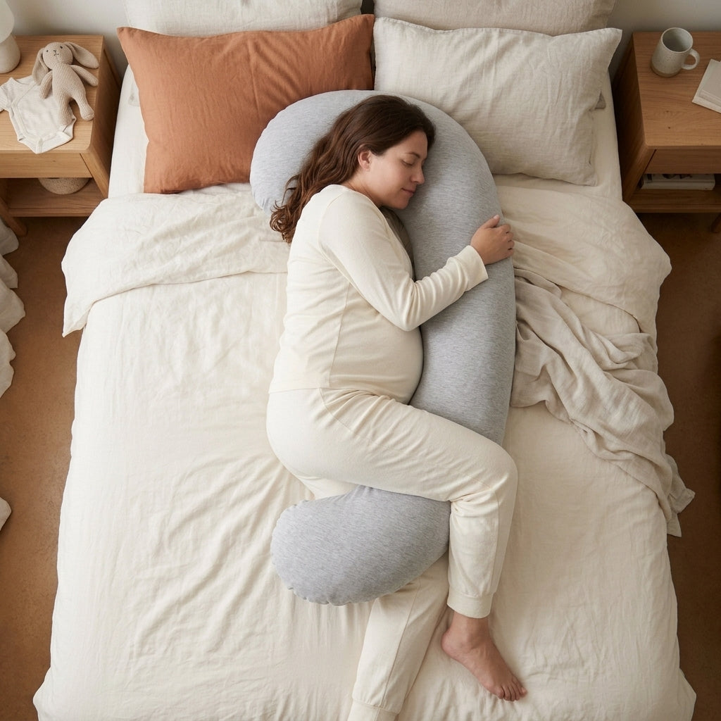 Femme enceinte endormie sur le côté, calée par le coussin Douce Maternité